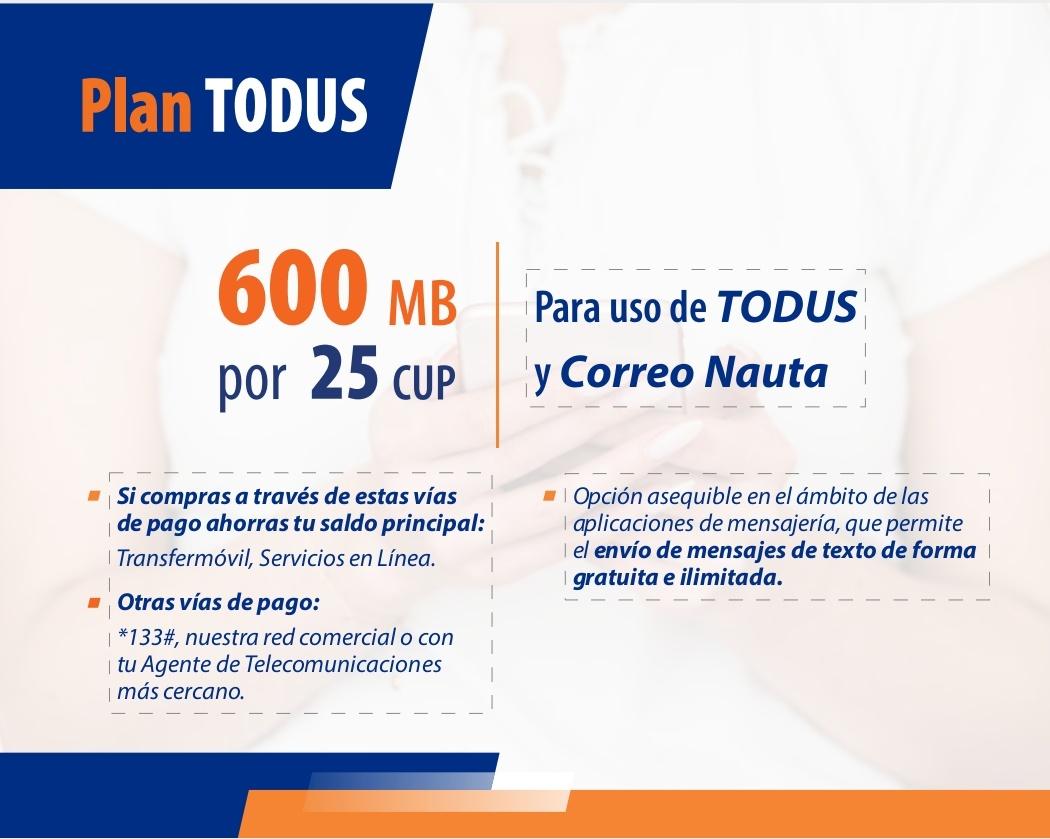 ¡toDus es la opción más barata! 
¡Mensajería ilimitada + 600 MB nacionales por solo 25 CUP! 💙 
Este Plan se puede comprar marcando el código *133#, luego la opción 1: "Datos" y luego la opción 2: "Plan toDus". 
Por solo 100 CUP tienes 2.4 Gigas nacionales. Una excelente opción!