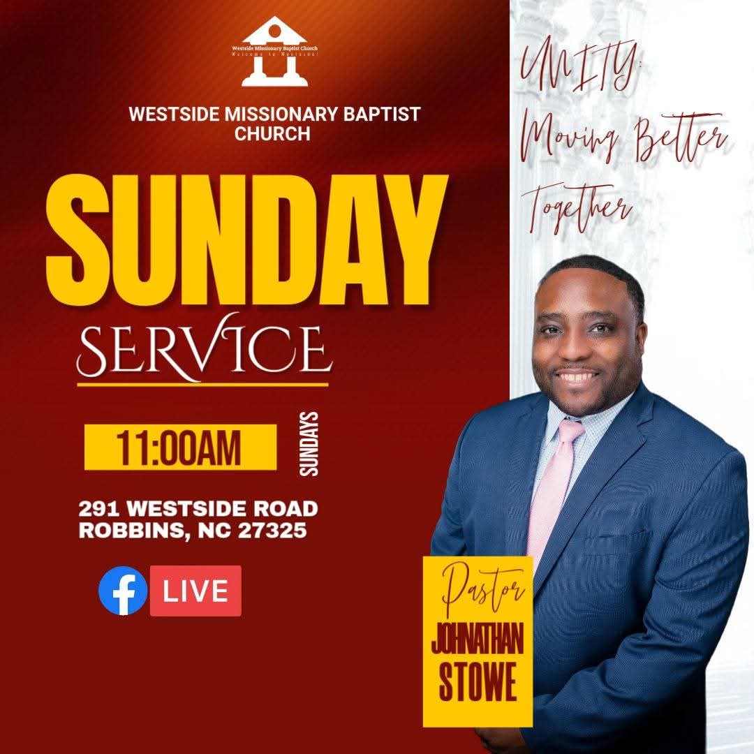 You're invited to Sunday Service at Westside Missionary Baptist Church! Join us at 11am as we come together in unity, moving better as one body in Christ. Can’t attend in person? Watch live on Facebook! facebook.com/share/16S6wn7v…