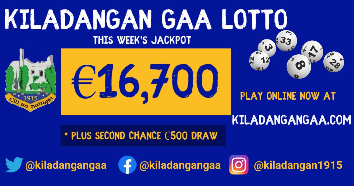 Kiladangan GAA Lotto jackpot now stands at €16,700.
You can purchase tickets in the shops &amp; pubs/restaurants in the parish and online at
kiladangangaa.com/products
This weeks Lotto draw will take place tomorrow night in McGraths