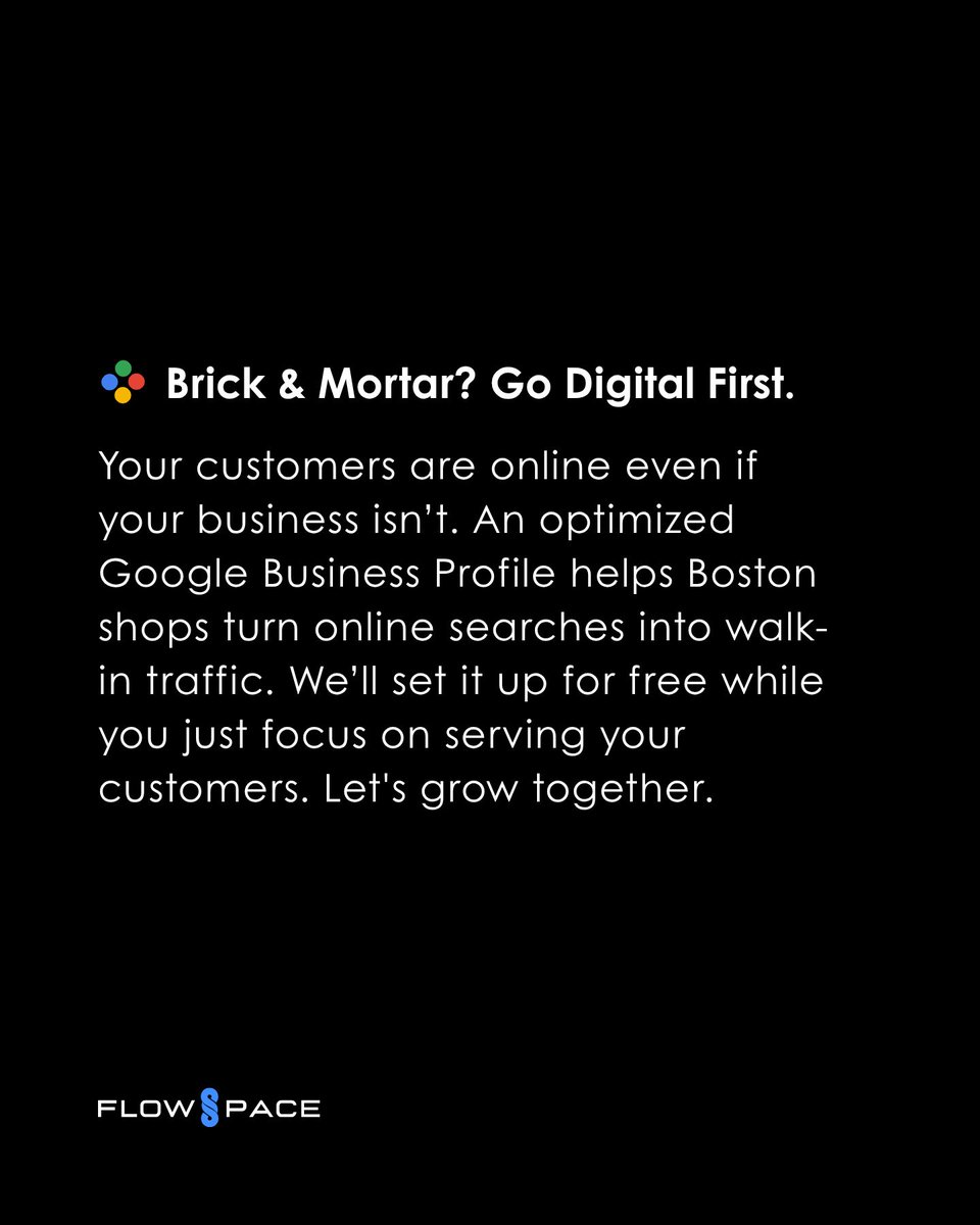 FlowSpaceAgency's tweet photo. Don’t let your business stay hidden.

 We’re helping Boston businesses show up, get seen, and get foot traffic for free.

Claim your Google Business Profile setup now https://t.co/QP9GhD0kaH 

#BostonBusiness #GoogleMyBusiness #LocalMarketing #SmallBizHelp https://t.co/2LBMH2Pmtz
