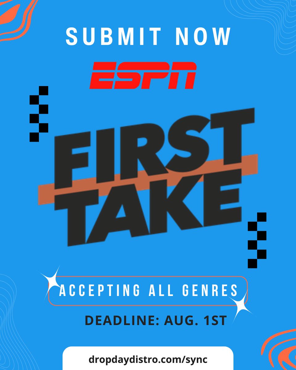 ESPN Is Seeking New Artists, Producers, &amp; Songwriters – #1 Morning Show “First Take” Is Accepting Tracks In All Genres

💧 Sign up to become a member and start submitting your tracks for this opportunity and hundreds of others now!  dropdaydistro.com/sync/home/