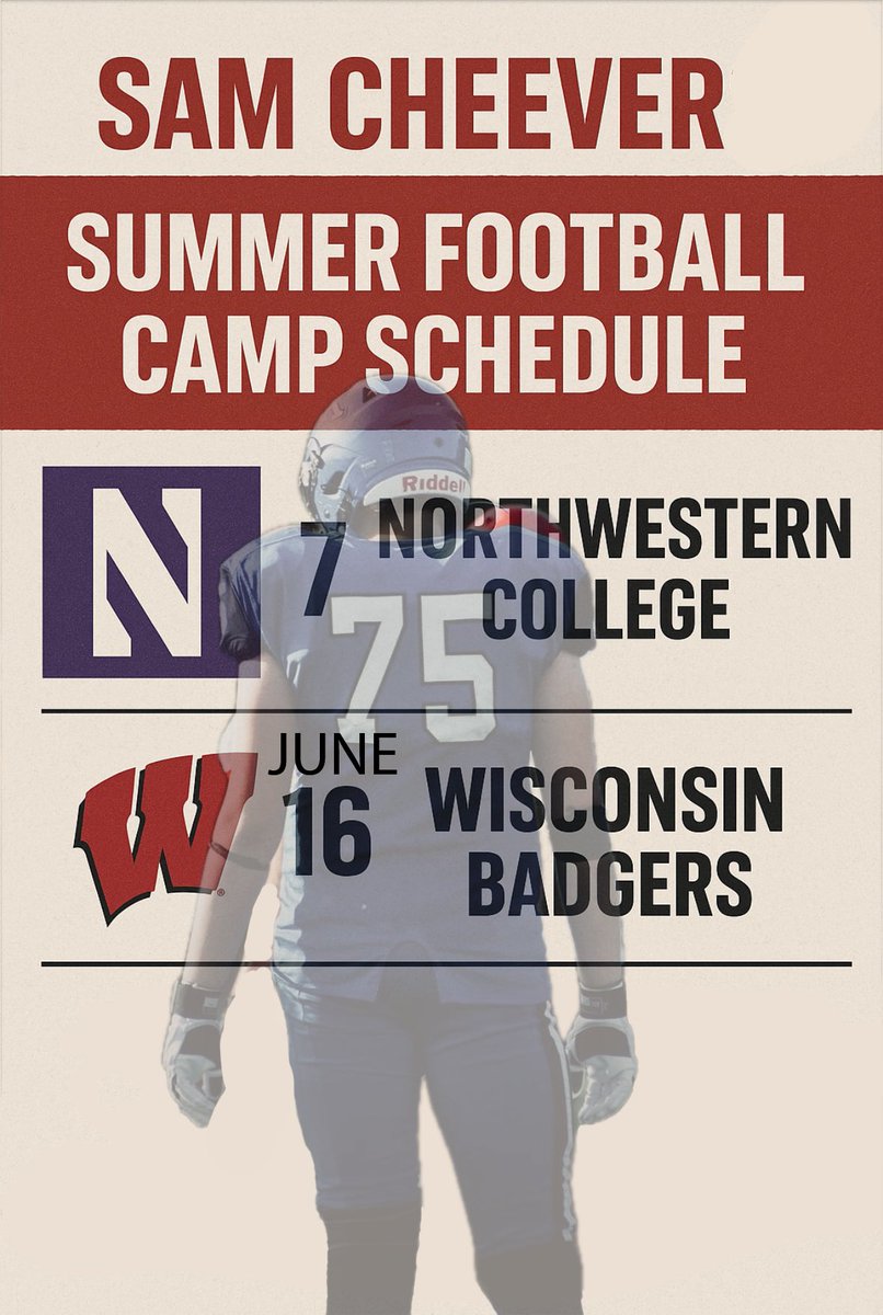 Sam Cheever (@samcheevs27) on Twitter photo Only 2 camps on the calendar this June, but these are the dates and the camps I will be attending in the next couple weeks. Excited to compete!
<a href="/CoachHarris28/">Matthew Harris</a>
<a href="/ArrowheadFB/">Arrowhead Football</a> <a href="/MJ_NFLDraft/">Mark Johnson</a> <a href="/OJW_Scouting/">PrepRedzone Oliver</a> Only 2 camps on the calendar this June, but these are the dates and the camps I will be attending in the next couple weeks. Excited to compete!
<a href="/CoachHarris28/">Matthew Harris</a>
<a href="/ArrowheadFB/">Arrowhead Football</a> <a href="/MJ_NFLDraft/">Mark Johnson</a> <a href="/OJW_Scouting/">PrepRedzone Oliver</a>