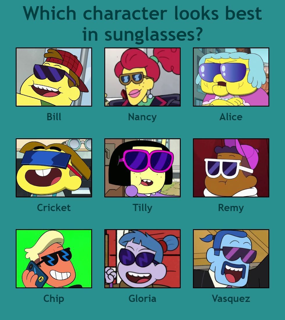 Coyangiiii's tweet photo. Which character looks the best in sunglasses? #BigCityGreens #BillGreen #NancyGreen #AliceGreen #CricketGreen #TillyGreen #RemyRemington #ChipWhistler #GloriaSato #Vasquez https://t.co/yaJsQUV6pI