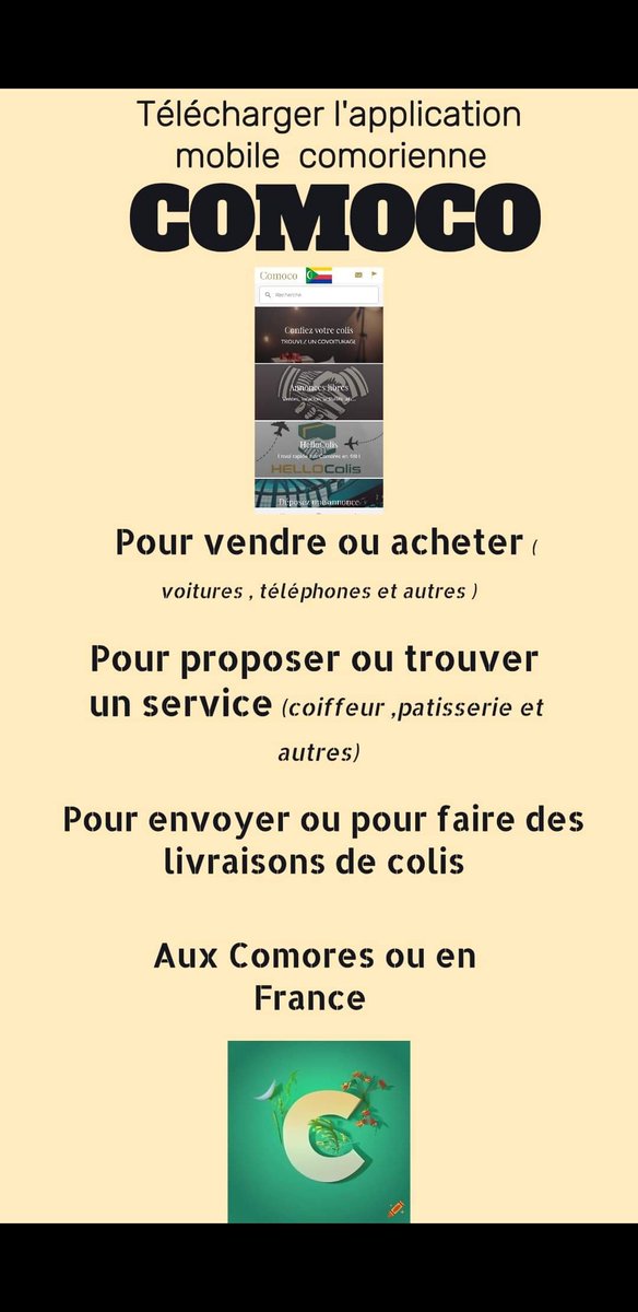 NassurMo's tweet photo. 🇰🇲 Comoco l'application mobile d'annonces comoriennes simple et gratuite 🇰🇲 Repartagez en max pour la faire connaître a la communauté. 
#comores #comorien #comorienne
#moroni https://t.co/MKuFAL52w4