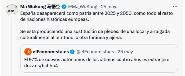 Ese tipo larga barbaridades racistas a todas horas, pero agora bota as mans á cabeza porque un fillo de inmigrantes non se sente parte dun Estado que o trata como a un delincuente ou estranxeiro, agás se gaña a Champions. O españolismo é ao tempo unha lacra e un chiste malo.