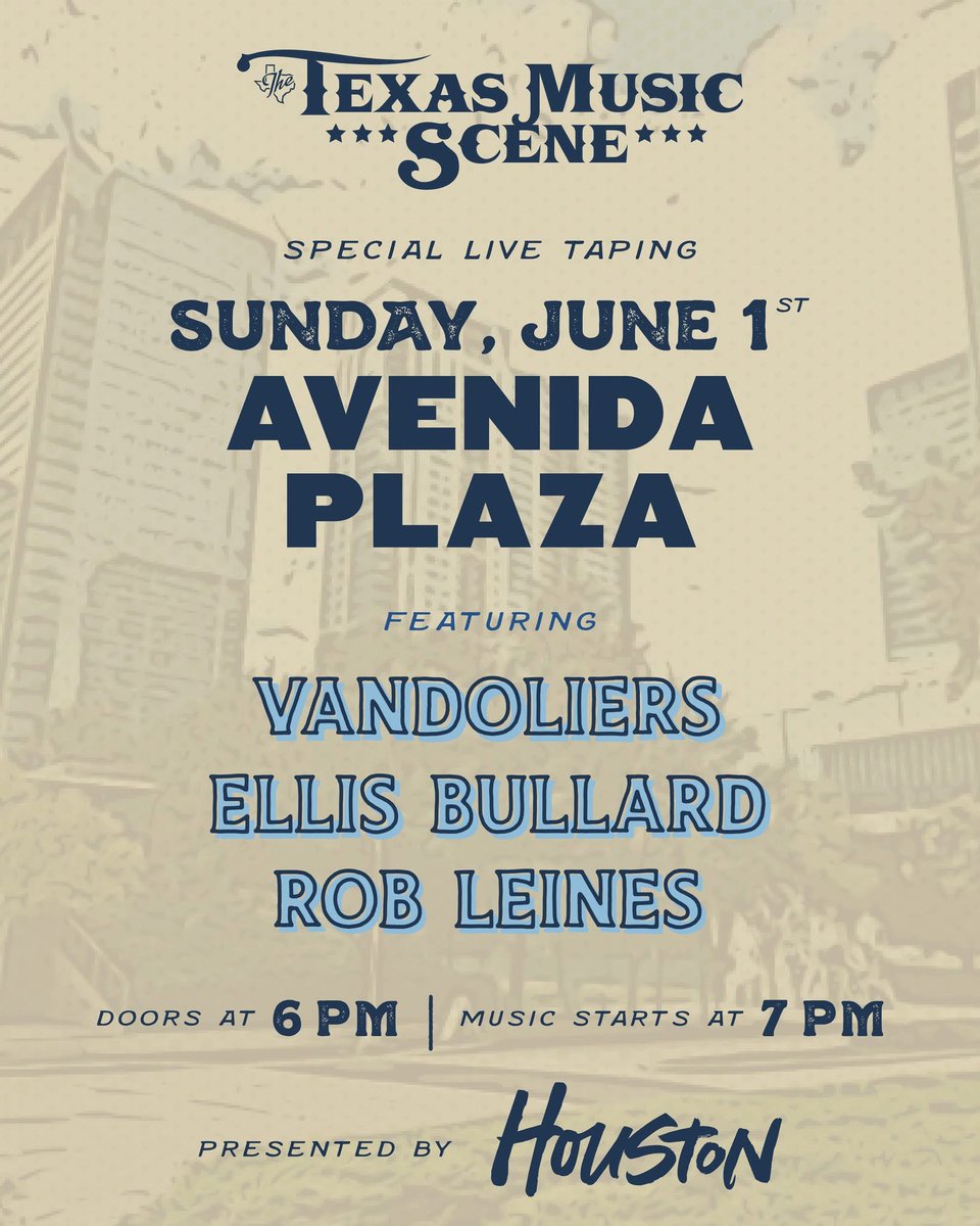 🎥 HOUSTON! Come be part of the show TONIGHT! 🎶

We’re filming a special episode in the heart of downtown at Avenida Houston! Live performances by Vandoliers, Rob Leines &amp; Ellis Bullard.

🎟️ FREE + All ages welcome. Doors 6PM, music starts at 7. See y’all there!
