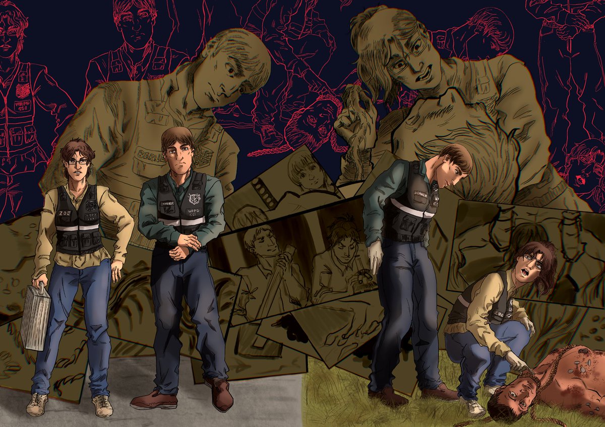 Here something I made but didn't show until now: My CSI AU piece for <a href="/Mobuhanzine/">Mobuhan Zine || COMPLETED</a>

I wanted to explore the colleague dynamic between Moblit and Hange. The titan on the grass is Bean, I just made him a human!

Thanks for letting me in the project!

#mobuhan #aot