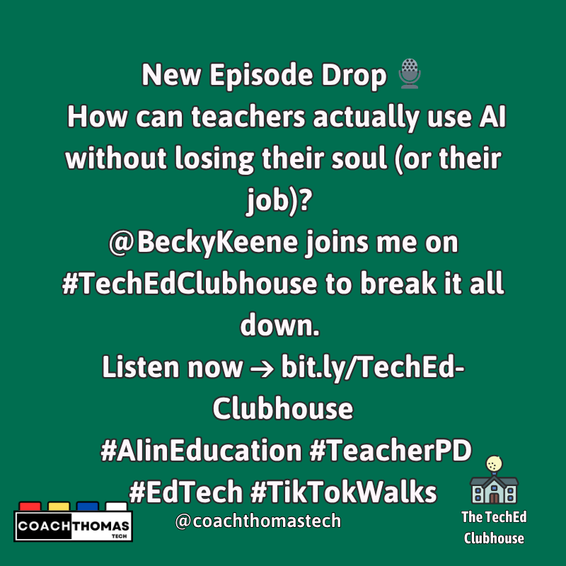 Dan Thomas - Hands-On Fun w/ STEM & PBL & LEGO🔧📚 (@coachthomastech) on Twitter photo New Episode Drop 🎙️
How can teachers actually use AI without losing their soul (or their job)?
<a href="/BeckyKeene/">Becky Keene 🦋</a> joins me on #TechEdClubhouse to break it all down.
Listen now → bit.ly/TechEd-Clubhou…
#AIinEducation #TeacherPD #EdTech #TikTokWalks
<a href="/MatthewXJoseph/">Dr. Matthew X. Joseph</a> <a href="/SMILELearning/">Laurie Guyon 🐘</a> New Episode Drop 🎙️
How can teachers actually use AI without losing their soul (or their job)?
<a href="/BeckyKeene/">Becky Keene 🦋</a> joins me on #TechEdClubhouse to break it all down.
Listen now → bit.ly/TechEd-Clubhou…
#AIinEducation #TeacherPD #EdTech #TikTokWalks
<a href="/MatthewXJoseph/">Dr. Matthew X. Joseph</a> <a href="/SMILELearning/">Laurie Guyon 🐘</a>
