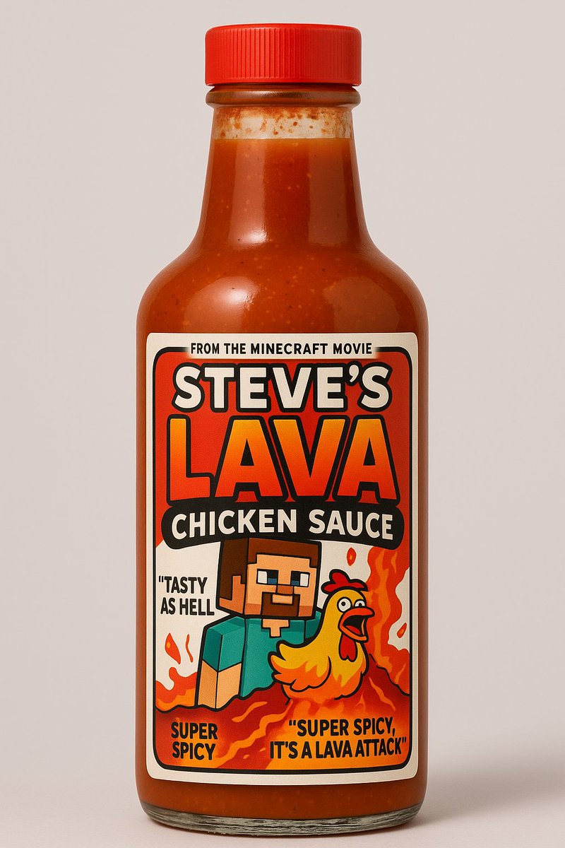 If someone from the <a href="/Minecraft/">Minecraft</a> Movie marketing team aren't working on releasing Steve's Lava Chicken Sauce, they need to be! 😂🔥🍗 (Thanks <a href="/ChatGPTapp/">ChatGPT</a> for the image!) #MinecraftMovie #Minecraft #StevesLavaChicken