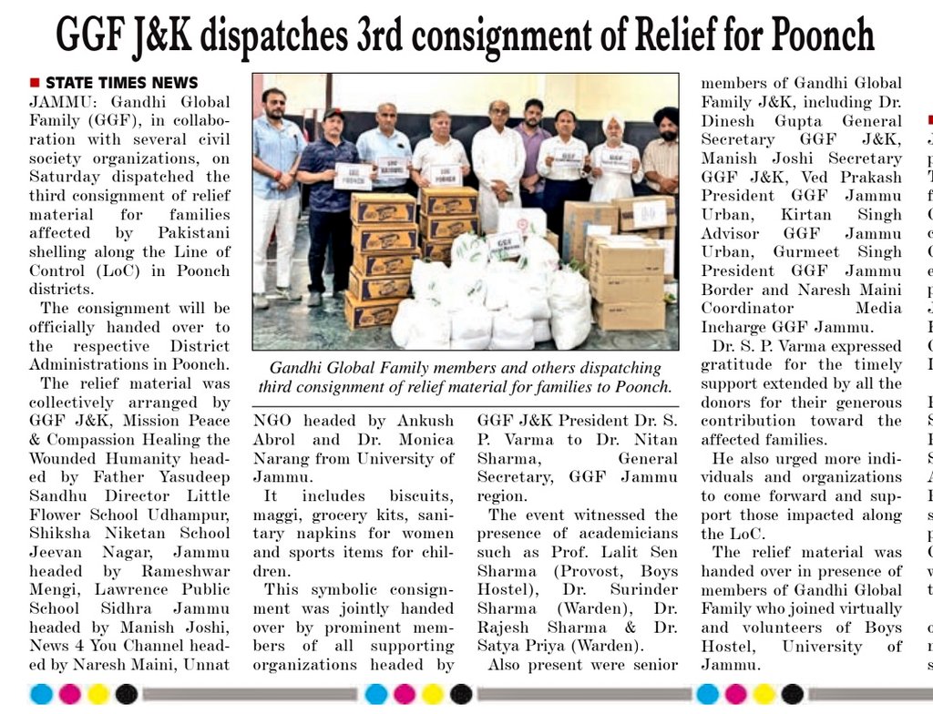 GGF_NGO's tweet photo. Thanks to local media for an overwhelming coverage. Gandhi Global Family dispatches the 3rd batch of relief material for Pakistan shelling victims in Poonch, J&amp;K. 
#CrossBorderFiring #Poonch #CivilSociety #GGF #HumanitarianAid #Relief #PeaceBuilding #UNDGCwithCivilSociety https://t.co/otr6r6QrqG