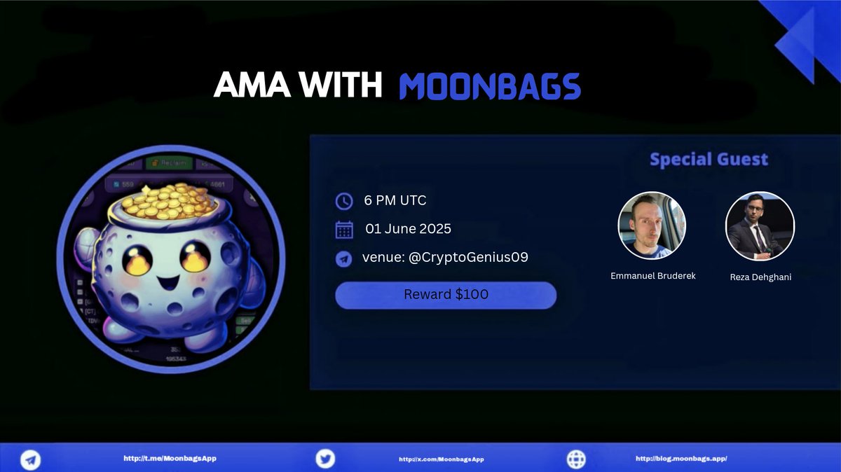 Crypto_Genius09's tweet photo. Join us for the #VoiceAMA with @MoonbagsApp on 1 June at 6 PM UTC.
🎁Reward: $100
🏛️AMA Room: https://t.co/8YY6eY4mOP
Rules:
☑️Follow @MoonbagsApp& @Crypto_Genius09
☑️Like, Retweet & Comment Questions (Max 3) https://t.co/99T2LiSFKX