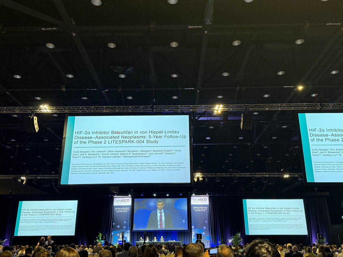 neerajaiims's tweet image. Terrific presentation by #VivekNarayan Ab#4507 @ASCO #ASCO25 👉5-yr f/u of Ph2 LITESPARK-004👉Belzutifan shows durable activity and manageable toxicity in VHL-associated neoplasms (ORR 70% in RCC) #kidneycancer👇@OncoAlert @urotoday @kidneycancer