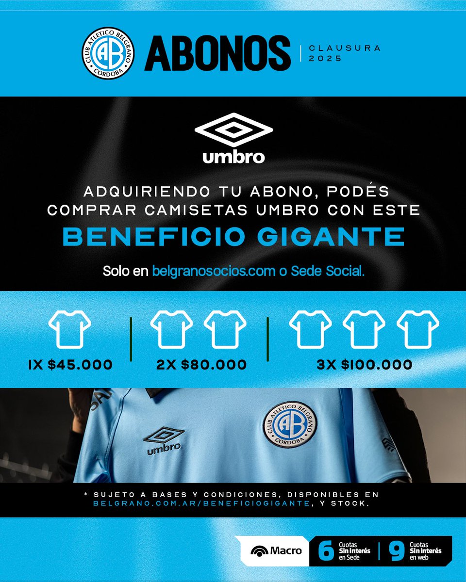 👕 Quienes adquieran su abono, accederán al #BeneficioGigante para comprar camisetas <a href="/UmbroArgentina/">Umbro Argentina</a> en belgranosocios.com o en la Sede Social. No es válido para compras en la web ni en el local de la tienda.

Conocé las bases y condiciones en belgrano.com.ar/beneficiogigan…