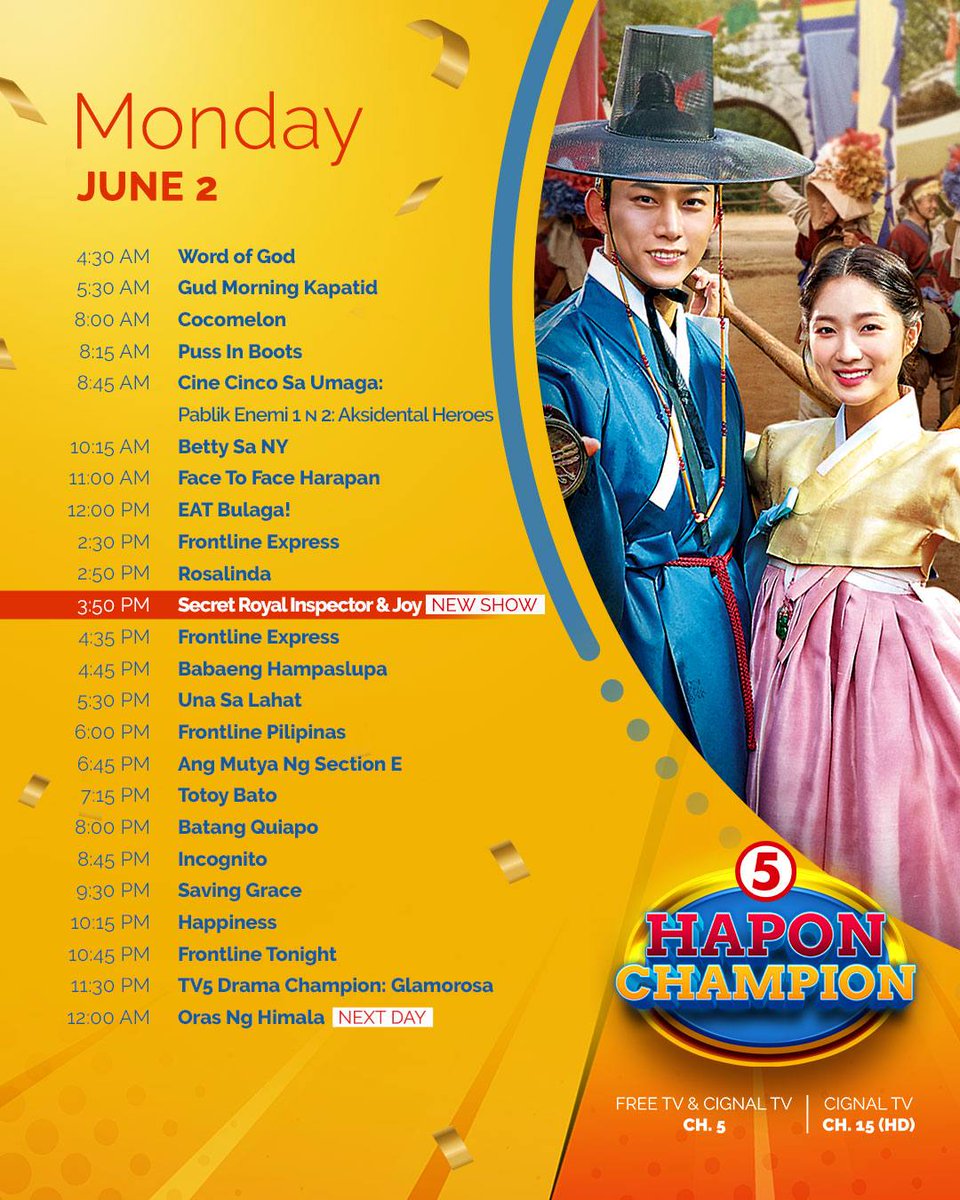 Sundan ang pinakabagong kwentong kakakiligan kasama ang isang gourmet-turned-inspector sa pilot episode ng Secret Royal Inspector &amp; Joy, 3:50 PM sa #HaponChampionTV5!  

For more info, visit tv5.com.ph