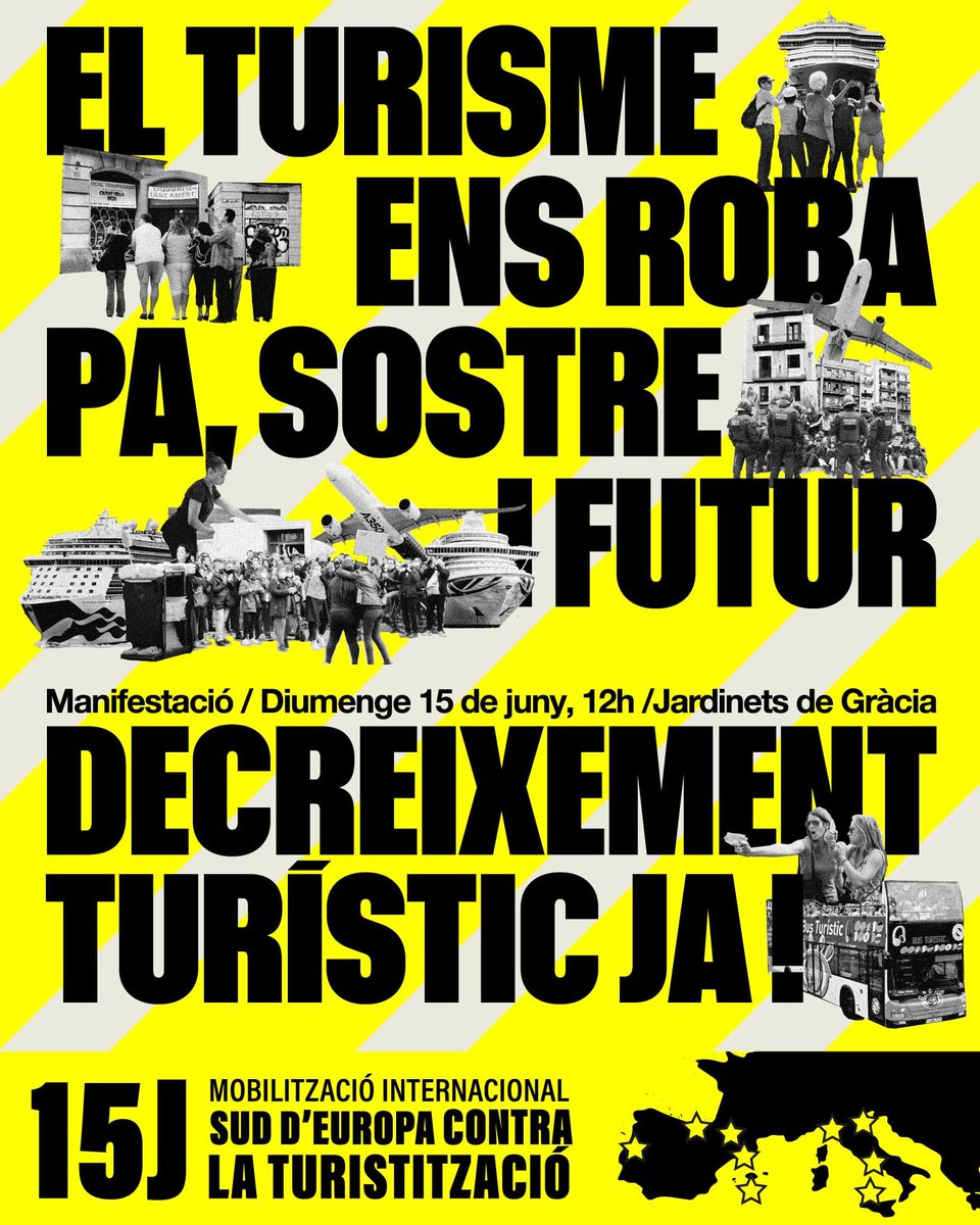 🔴 Posem fi al monocultiu turístic al qual l'especialització capitalista condemna el nostre territori. Cal abolir un model turístic en plena crisi climàtica que ens condemna a vides de misèria. Organitzem-nos per acabar amb el capitalisme! #15J

#DecreixementTurístic JA! 🔥 🚫 ⛴️