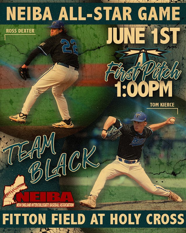 Today Ross Dexter and Tom Kierce will represent Umass Boston in the New England Intercollegiate Baseball Association (NEIBA) Joe Walsh All-Star Game. First pitch is at 1:00 p.m. at Fitton Field at Holy Cross. Both players are on  Team Black as the away team.