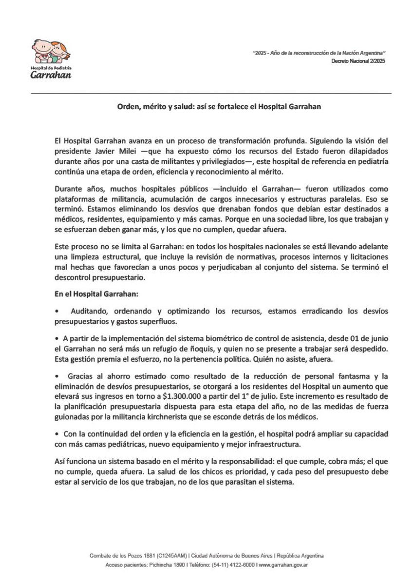 🚨Aumento SOLO para residentes del Garrahan. El 90% del resto del personal del hospital NO recibirá ningún aumento extra al 1,3% ofrecido para mayo🚨

TODOS los trabajadores del Garrahan (4000 empleados) sufrieron un recorte del 35% de sus  salarios desde que Milei es presidente.