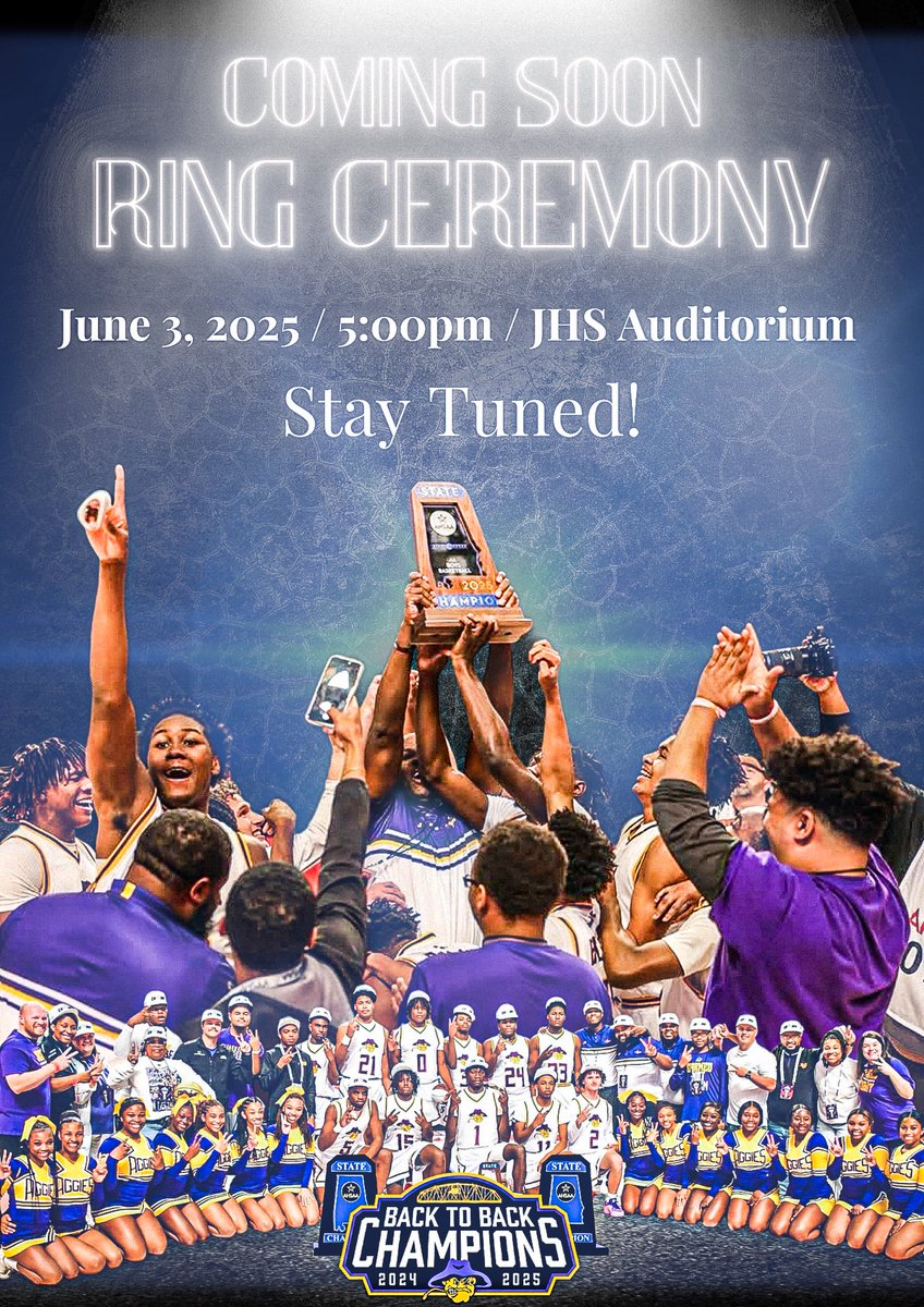 We are 2 days away from our 2025 4A State Champions receiving their ring. Come out and celebrate with these young men and women
🟣🟡🏀 
#AggieBasketball
#AggieFamily
