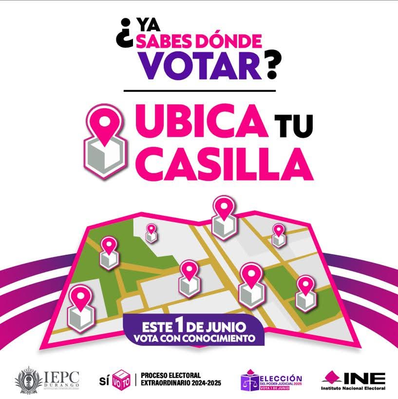 IEPC Durango (@iepcdurango) on Twitter photo 🗳️ ¿Ya sabes dónde votar este 1 de junio?
📍 Ingresa a ubicatucasilla.ine.mx y prepárate para participar.
#UbicaTuCasilla2025PEL
#ParticipaciónCiudadanaPEL2025 🗳️ ¿Ya sabes dónde votar este 1 de junio?
📍 Ingresa a ubicatucasilla.ine.mx y prepárate para participar.
#UbicaTuCasilla2025PEL
#ParticipaciónCiudadanaPEL2025