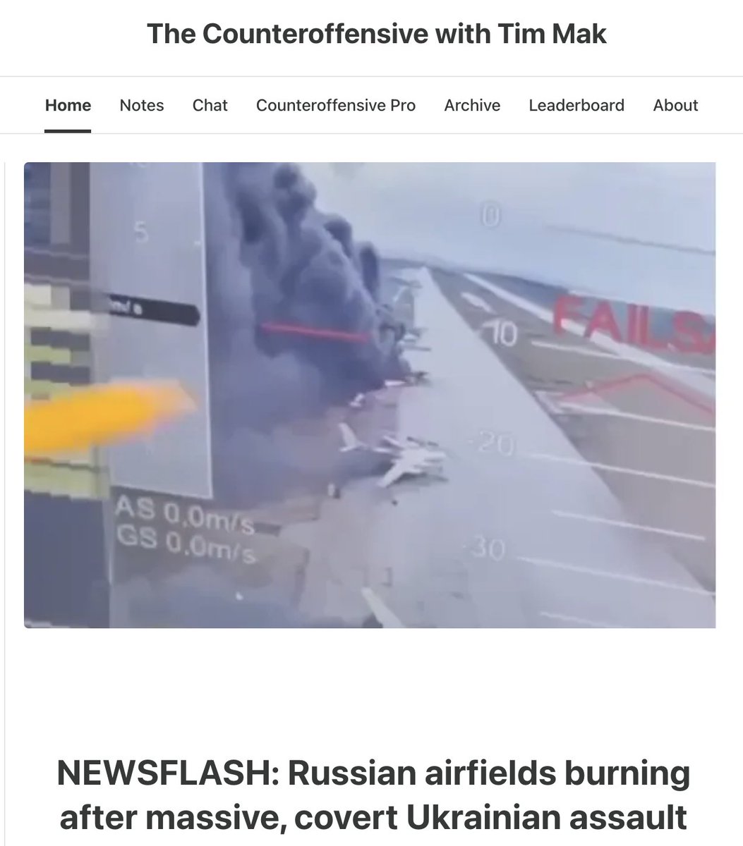 NEWSFLASH: At least 41 Russian aircraft are burning after a covert Ukrainian drone strike deep inside Russia. 

The attack, planned over 18 months by Ukraine's Security Service, hit four airfields and targeted Russia’s strategic aviation used to bomb Ukrainian cities.