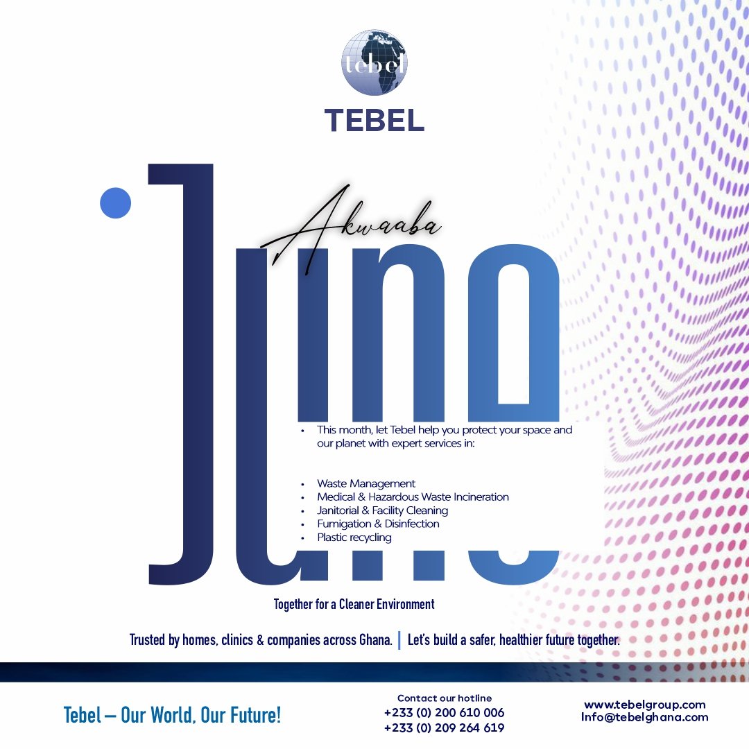 This June, choose clean with Tebel!

From homes to hospitals, we help Ghana breathe easier with:
🔹 Clean spaces
🔹 Safe disposal
🔹 Waste management
🔹 Plastic recycling ♻️

Small steps, big change.
#TebelGhana #HealthySpaces #JuneCleanUp #OurWorldOurFuture