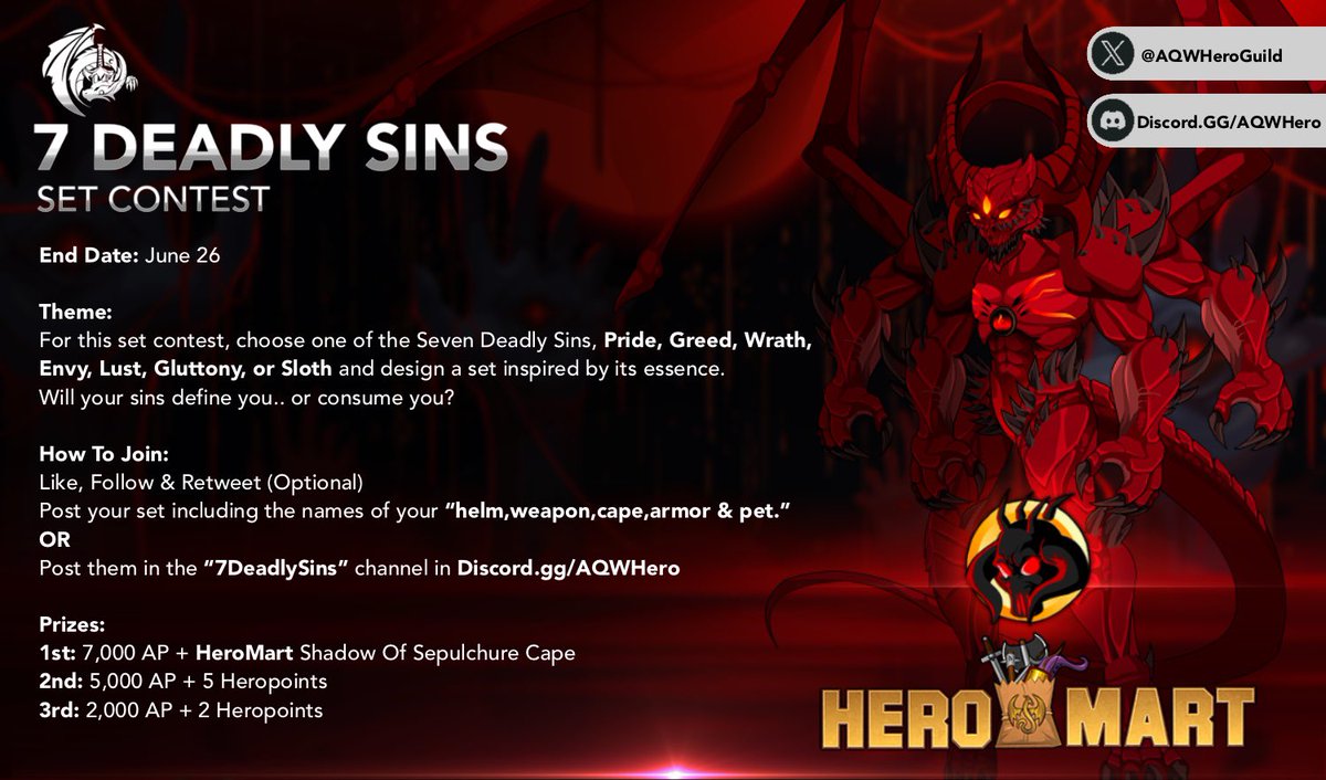 AQWHeroGuild's tweet photo. 7DeadlySins 🔥 
Create a set inspired by the 7 sins: Pride,Greed, Wrath,Envy, Lust, Gluttony or Sloth.
Join https://t.co/OBYnxzlm48 to get started or post entries below.

⟡ Like, Retweet &amp; Follow for a chance to win 1,000 AP
⟡ 2 winners
⟡ Giveaway Ends: June 3rd https://t.co/Xeo1ZrBSFr