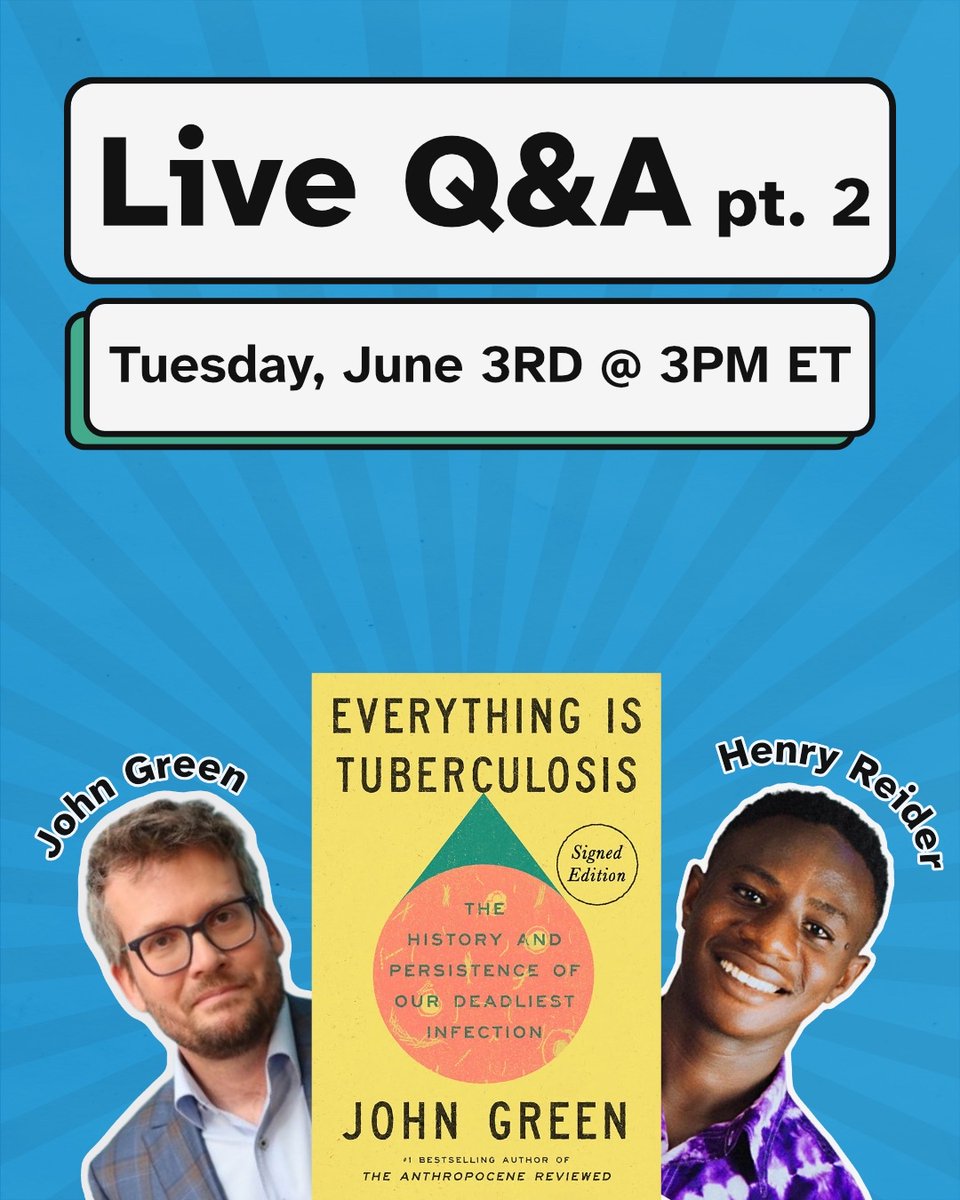 Join our SECOND live Q&amp;A with <a href="/JohnGreen/">🐢🐢🐢John Green🐢🐢🐢</a> and Henry Reider this Tuesday, June 3rd at 3PM ET! youtube.com/live/xtYSo2NE5… #TBReaders