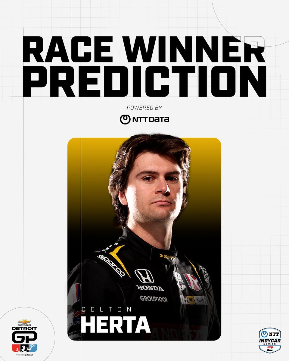 NTT INDYCAR SERIES (@indycar) on Twitter photo From pole sitter to race winner? 🤔
NTT DATA predicts <a href="/ColtonHerta/">Colton Herta</a> will win today's #DetroitGP. From pole sitter to race winner? 🤔
NTT DATA predicts <a href="/ColtonHerta/">Colton Herta</a> will win today's #DetroitGP.