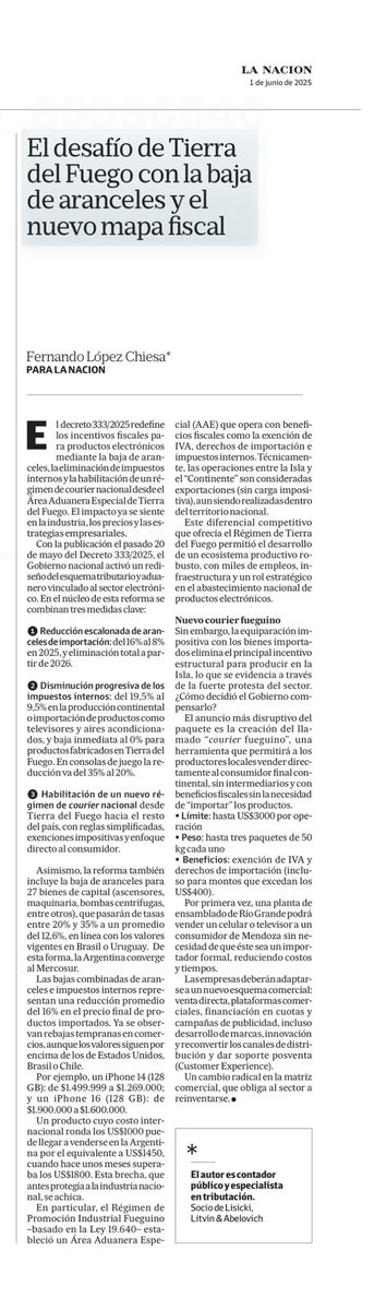 Comparto con Uds una nota en <a href="/LANACION/">LA NACION</a> sobre el Nuevo Mapa Fiscal y los desafíos que tendrá que enfrentar las empresas de Tierra de Fuego

<a href="/lisickilitvin/">Lisicki, Litvin & Abelovich</a>