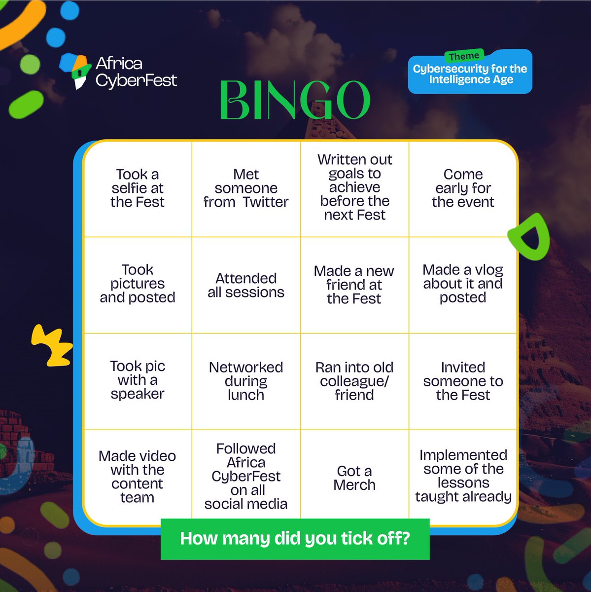 From taking selfies at the photo stand to running into an old colleague or friend—how many of these moments did you tick off the card?

Check off your memories with our official #AfricaCyberFest2025 Bingo card and tag us with your results!

Got everything? You're Amazing!

Almost