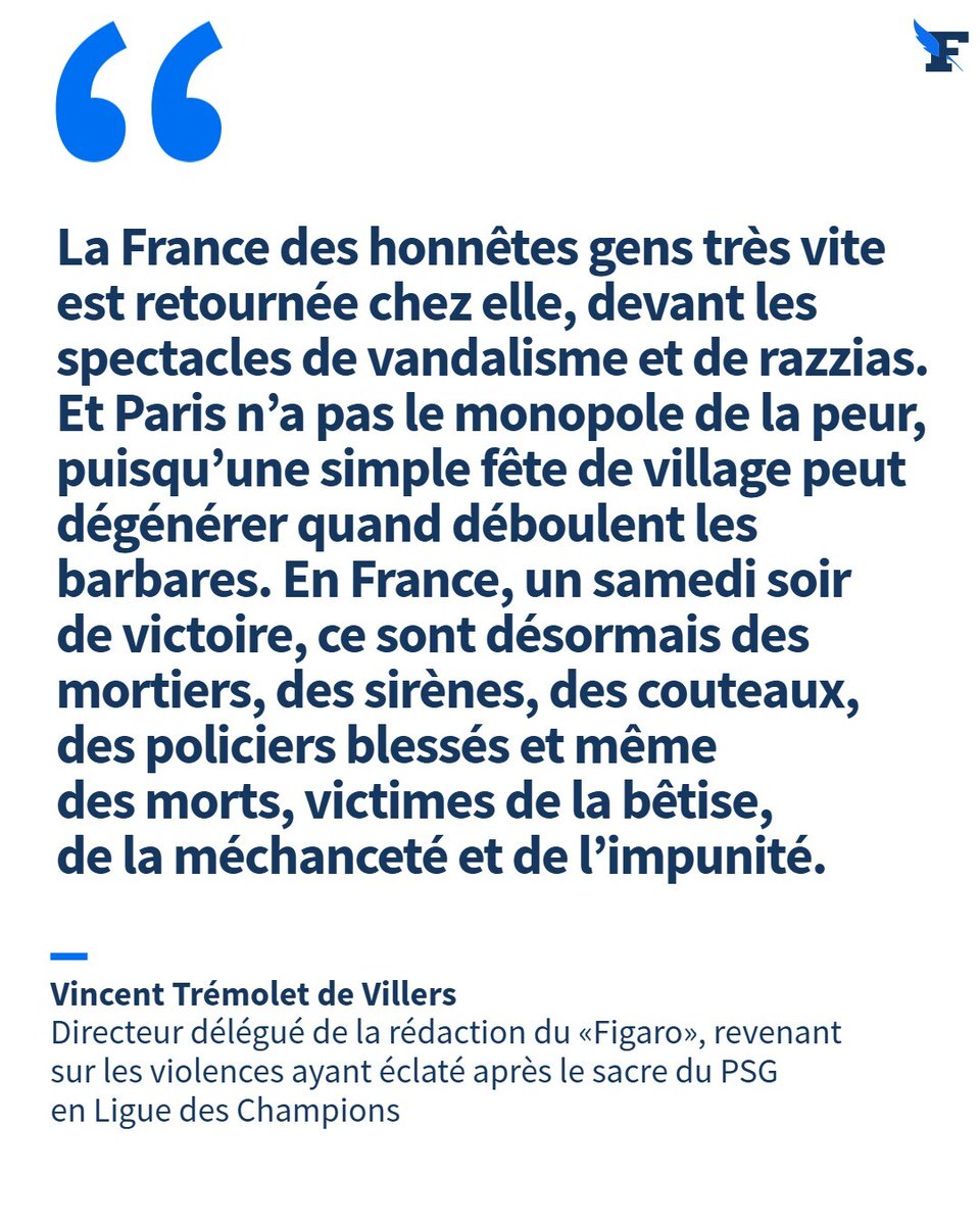 Le_Figaro's tweet image. Lors du brillant succès du PSG en finale de la Ligue des champions contre l’Inter Milan, de nouvelles violences ont éclaté. En France, un samedi soir de victoire, ce sont désormais des mortiers, des sirènes, des couteaux, des policiers blessés et même des morts.