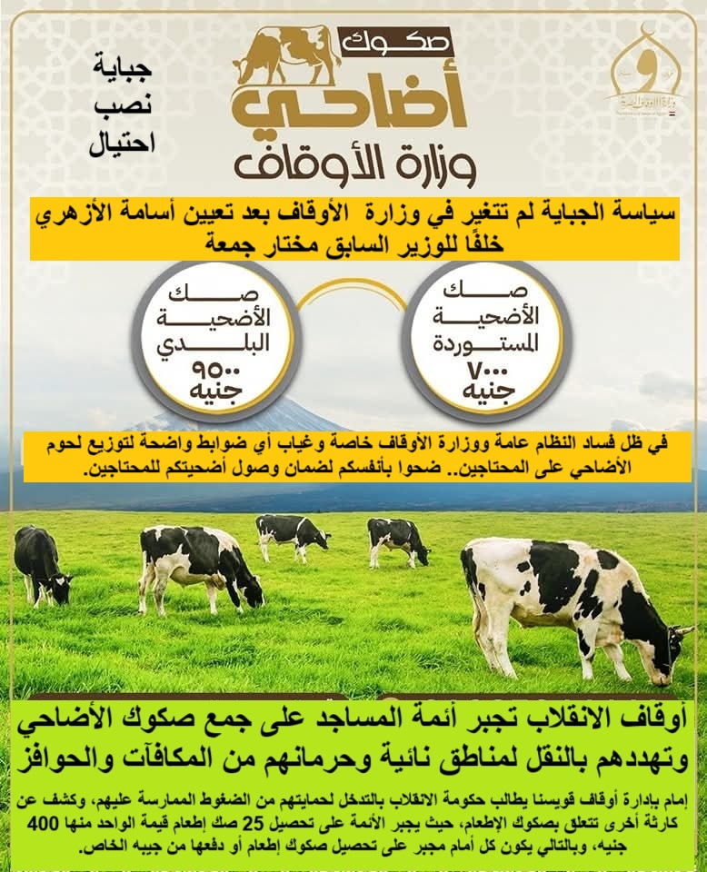 حكومة الانقلاب تخفض الدعم وتقرر رفع أسعار الغاز بنسبة 25% من فاتورة يونيو خضوعا لإملاءات صندوق النقد.. الأحد 1 يونيو 2025م.. أوقاف الانقلاب تجبر أئمة المساجد على جمع صكوك الأضاحي وتهددهم بالنقل لمناطق نائية وحرمانهم من المكافآت والحوافز marsadpress.net/?p=38431