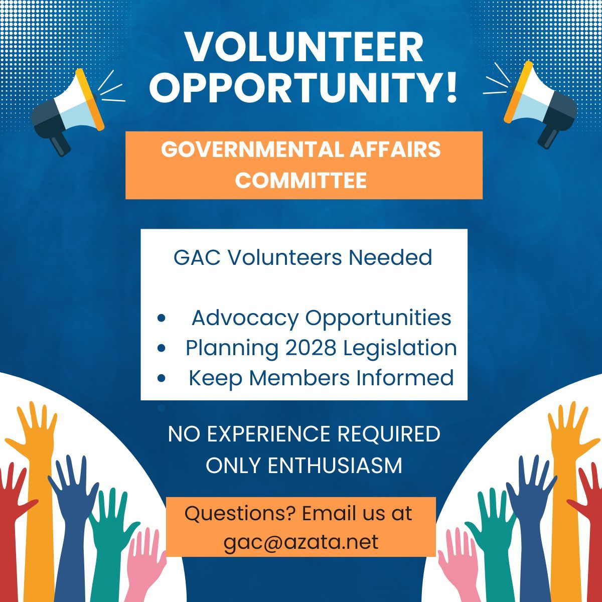 AzATA (@azata_news) on Twitter photo Governmental Affairs Committee is looking for any volunteers interested in getting involved! GAC duties include planning for the 2028 legislative session to continue licensure in the state. No experience is needed - only enthusiasm! To inquire, please reach out to gac@azata.net. Governmental Affairs Committee is looking for any volunteers interested in getting involved! GAC duties include planning for the 2028 legislative session to continue licensure in the state. No experience is needed - only enthusiasm! To inquire, please reach out to gac@azata.net.