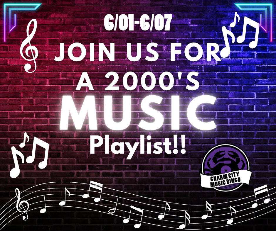 Join us at any of our Music Bingo locations this week for a 2000's themed playlist!
This week's Jackpot is $250!

#CharmCityMusicBingo #CharmCityBingo
#CharmCityEntertainment #MusicBingo