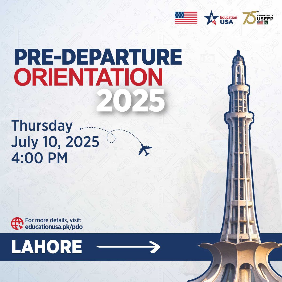 EdUSAPakistan's tweet image. Are you a Pakistani student and have been accepted to a college or university in the United States? Congratulations! ✈️🎓🌍

Join team EducationUSA in Lahore to learn more about the next steps of your #StudyWithUS journey! ✨

From practical tips on booking your travel and…