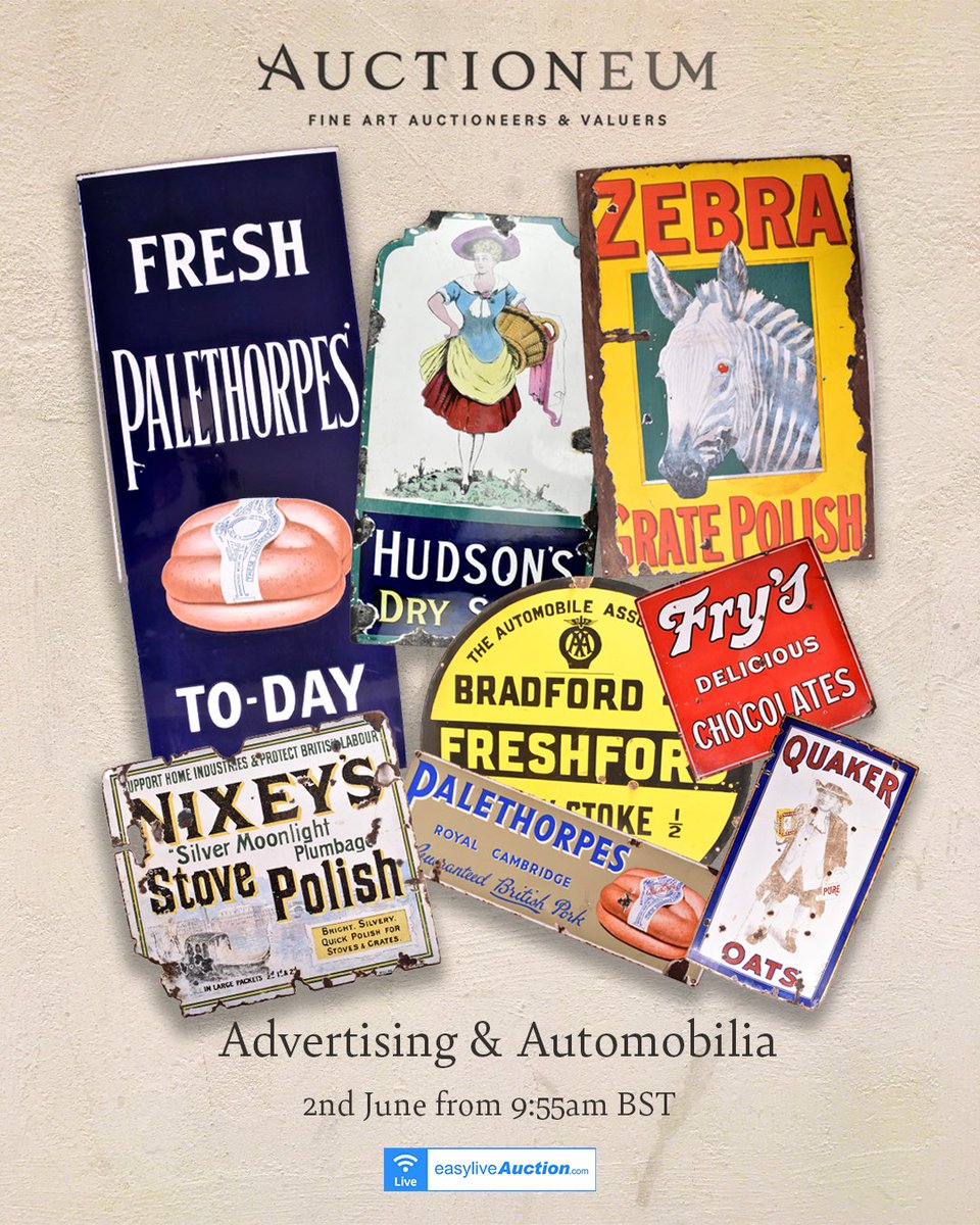 Easy Live Auction (@easyliveauction) on Twitter photo Advertising & Automobilia Auction
π
Mon 2nd Jun 2025 | β° From 9:55am BST
LIVE with <a href="/BristolAuctions/">Auctioneum - Bristol & Bath</a> via Easy Live Auction.
Highlights: Palethorpes, Zebra Polish, AA enamel signs.
π tinyurl.com/2824zuen?utm_sβ¦
#AutomobiliaAuction #VintageSigns #EasyLiveAuction #CollectorsAuction Advertising & Automobilia Auction
π
Mon 2nd Jun 2025 | β° From 9:55am BST
LIVE with <a href="/BristolAuctions/">Auctioneum - Bristol & Bath</a> via Easy Live Auction.
Highlights: Palethorpes, Zebra Polish, AA enamel signs.
π tinyurl.com/2824zuen?utm_sβ¦
#AutomobiliaAuction #VintageSigns #EasyLiveAuction #CollectorsAuction