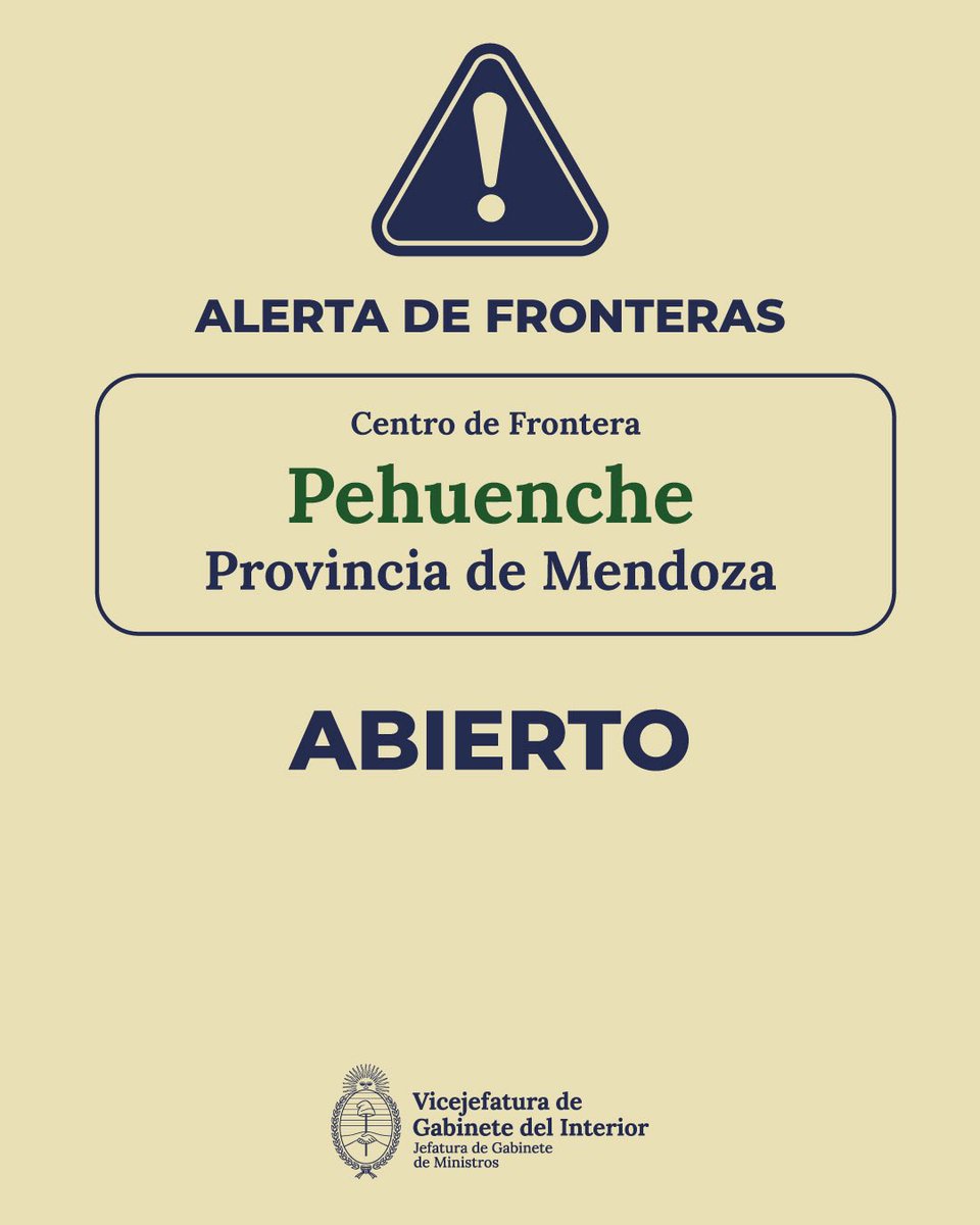 El Centro de Frontera Pehuenche, en la provincia de Mendoza, se encuentra habilitado. 

🔗 Consultá el estado actualizado en argentina.gob.ar/pehuenche