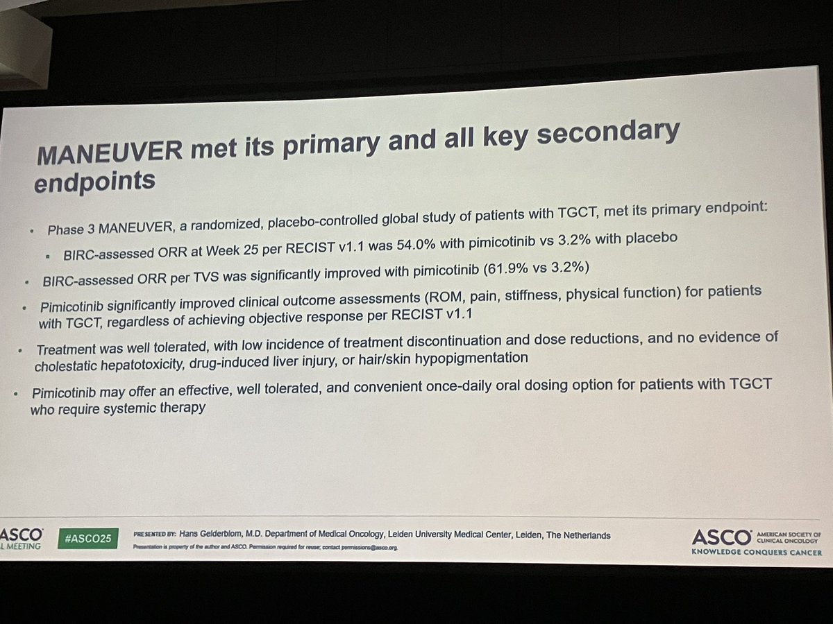 nadiahindi83's tweet photo. MANEUVER study results presented at ASCO 2025, Sarcoma Oral Session.
Pimicotinib was able to induce 54% RECIST and 61.9% volumetric responses in patients with symptomatic TGCT.
Honoured to be part of this study #ASCO2025 #TGCT #sarcoma https://t.co/9xmhYg12OB