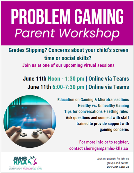 🎮 Concerned about your child's #gaming habits? Join our Problem Gaming Parent Workshop on June 11

🕛 Sessions at 12 PM &amp; 6 PM (via Teams)

📘 Learn about gaming, microtransactions, and setting healthy boundaries.

🔗 More info: amhs-kfla.ca/problem-gaming…