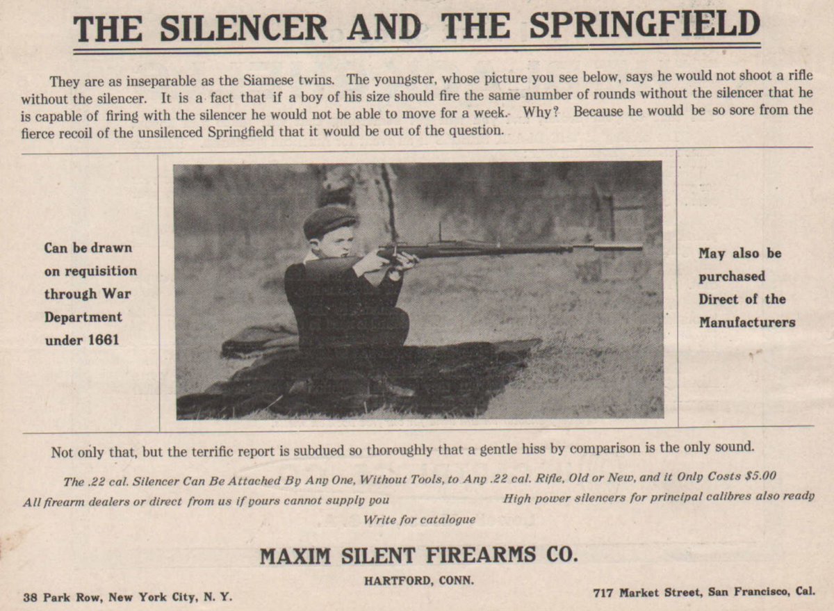 High Caliber History - Logan Metesh (@highcaliberhist) on Twitter photo 114 yrs ago today, this ad was in the 6/1/1911 edition of "Arms and the Man." Claims the boy "would not be able to move for a week" if he endured the "fierce recoil" w/o a Maxim Silencer. Also, the .22 cal silencer cost $5 (~$175 today) & no stamp/registration!
cc: <a href="/AmSuppressor/">American Suppressor</a> 114 yrs ago today, this ad was in the 6/1/1911 edition of "Arms and the Man." Claims the boy "would not be able to move for a week" if he endured the "fierce recoil" w/o a Maxim Silencer. Also, the .22 cal silencer cost $5 (~$175 today) & no stamp/registration!
cc: <a href="/AmSuppressor/">American Suppressor</a>