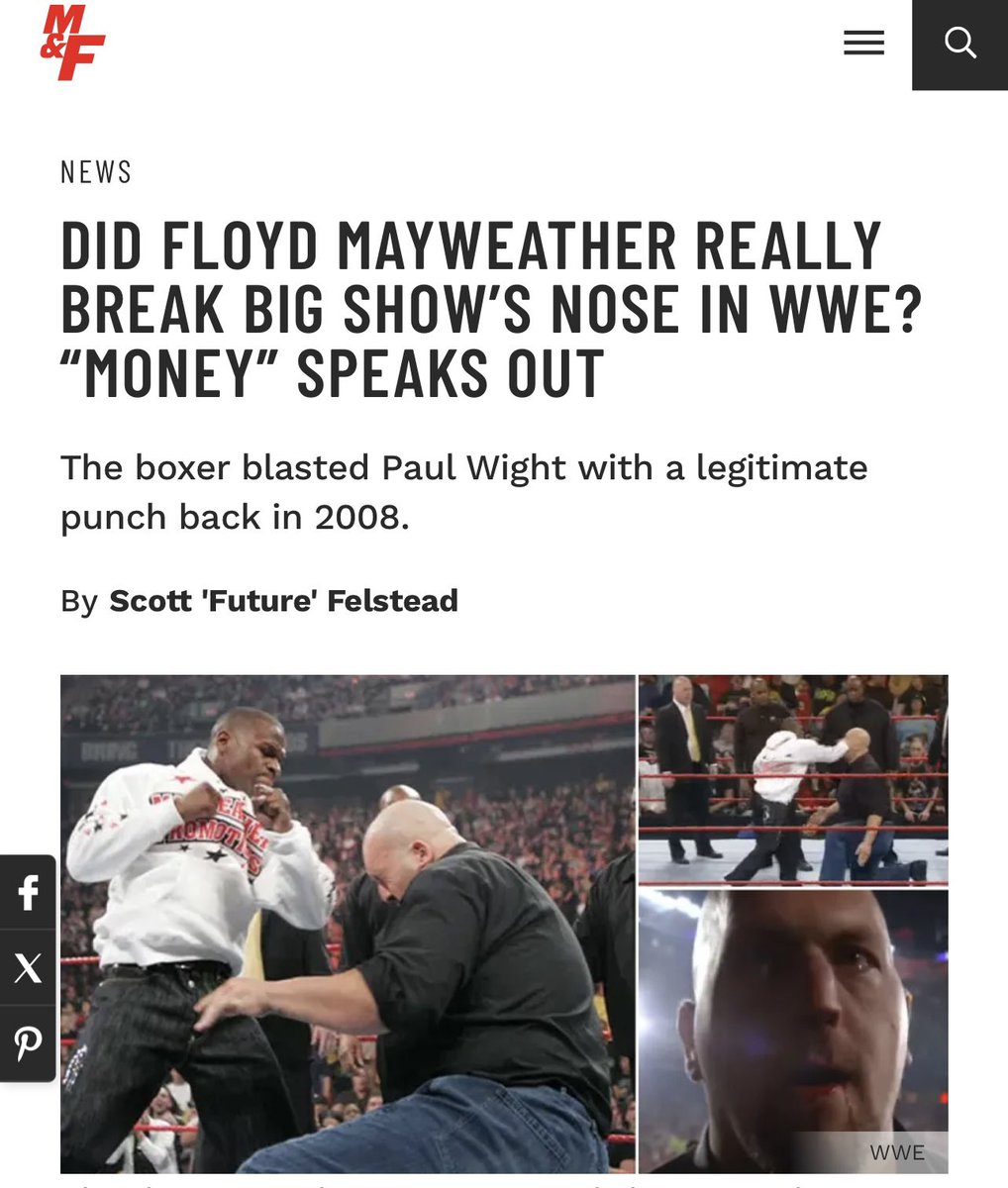 Almost 2 decades on <a href="/FloydMayweather/">Floyd Mayweather</a> tells me in a rare interview about his time with WWE that he did indeed break <a href="/PaulWight/">Paul Wight</a>’s nose. Via <a href="/muscle_fitness/">muscle_fitness</a> —&gt; muscleandfitness.com/athletes-celeb…