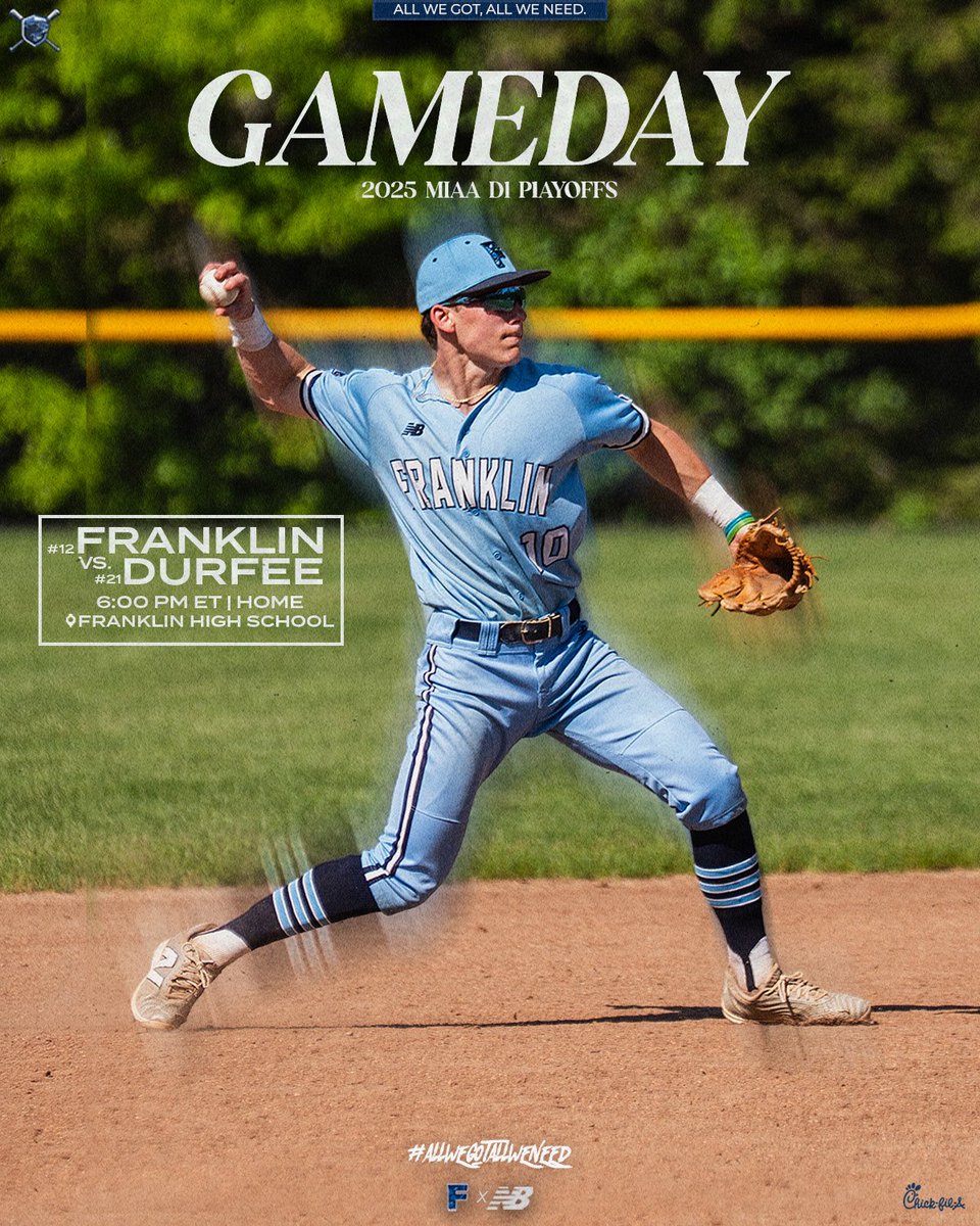 Franklin High School Baseball (@fhsbbaseball) on Twitter photo Gameday Round One
Vs Durfee
First Pitch - ⏰ 6:00pm ET
📍Franklin High School
<a href="/FHSCoachZBrown/">Franklin High School Baseball, MA</a> <a href="/FHSSports/">FranklinAthletics</a> Gameday Round One
Vs Durfee
First Pitch - ⏰ 6:00pm ET
📍Franklin High School
<a href="/FHSCoachZBrown/">Franklin High School Baseball, MA</a> <a href="/FHSSports/">FranklinAthletics</a>