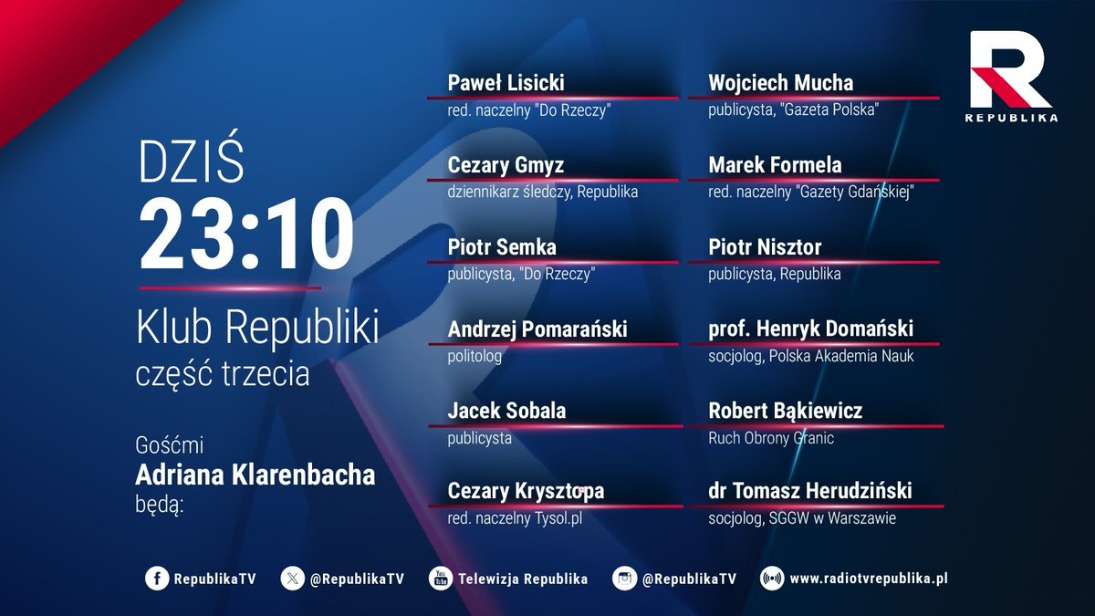 RepublikaTV's tweet photo. 🔵 #KlubRepubliki | Zapraszamy na program @AKlarenbach, którego gośćmi o godz. 23:10 będą:
▪️ @PawelLisicki
▪️ @CezaryGmyz
▪️ @PiotrSemka
▪️ @AndrzejPomarans
▪️ Jacek #Sobala
▪️ @CezaryKrysztopa
▪️ @WojciechMucha
▪️ Marek #Formela
▪️ @PNisztor
▪️ prof. Henryk #Domański
▪️ @RBakiewicz
▪️ dr Tomasz #Herudziński
#włączprawdę #TVRepublika