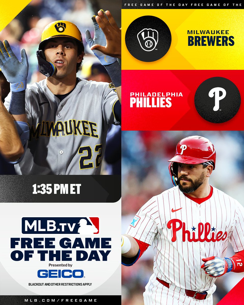 MLB.TV (@mlbtv) on Twitter photo Kyle Schwarber and the <a href="/Phillies/">Philadelphia Phillies</a> host the series finale against Christian Yelich and the <a href="/Brewers/">Milwaukee Brewers</a>.
Watch for FREE at 1:35 PM ET on #MLBTV
(MLB x GEICO) Kyle Schwarber and the <a href="/Phillies/">Philadelphia Phillies</a> host the series finale against Christian Yelich and the <a href="/Brewers/">Milwaukee Brewers</a>.
Watch for FREE at 1:35 PM ET on #MLBTV
(MLB x GEICO)