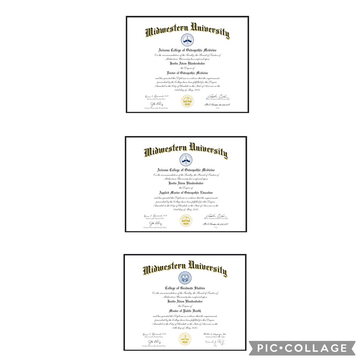 Allow me to reintroduce myself…Dr. Justin Blankenbaker, D.O., M.P.H., A.M.O.E.

Five years, including a Predoctoral OMM Teaching Fellowship as an OMM Scholar.

Three degrees simultaneously earned and conferred—the first ever instance of this feat in the 125-year history of