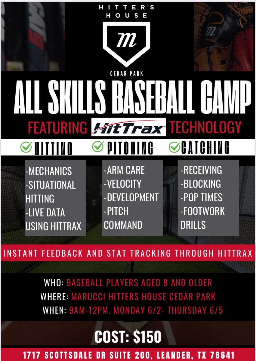 Join Us for the All Skills Baseball Camp!
Get ready to enhance your ⚾️ skills at our upcoming All Skills Baseball Camp!
📍 **Location:** Marucci Hitters House (The Crossover), Cedar Park  
🗓️ **Dates:** June 2nd - 5th  
⏰ **Time:** 9 AM - 12 PM  
Sign up
forms.gle/jThHN5ajerkPfs…