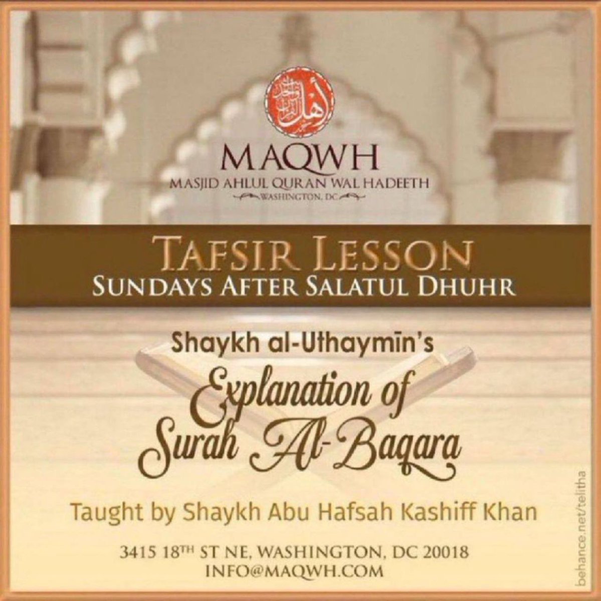 18th Street Masjid (@masjidaqwh_dc) on Twitter photo Reminder: Class Today inshā Allāh
🕛 After Salatul Dhuhr (1:30 PM)
📘Tafsir of Suratul Baqara
🗣️ Sh <a href="/AbuHafsahKK/">Kashiff Khan</a> حفظه الله Reminder: Class Today inshā Allāh
🕛 After Salatul Dhuhr (1:30 PM)
📘Tafsir of Suratul Baqara
🗣️ Sh <a href="/AbuHafsahKK/">Kashiff Khan</a> حفظه الله