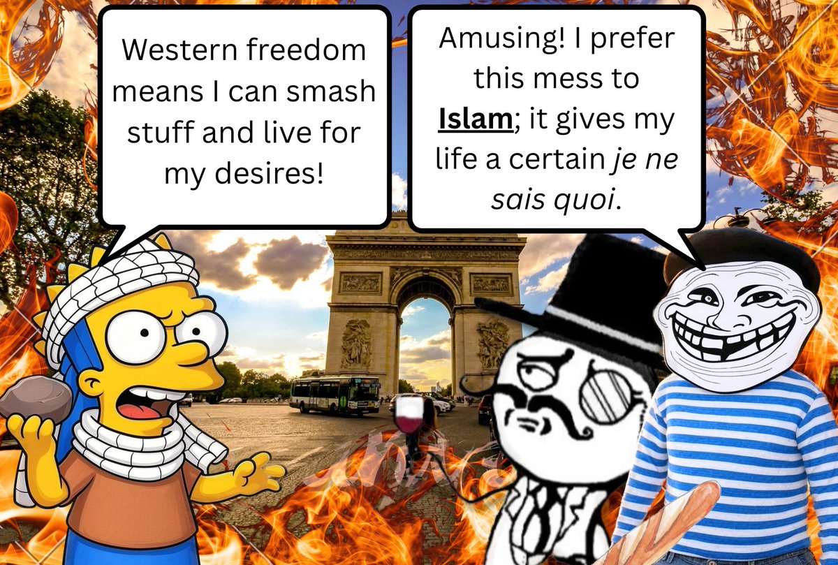 world_upda's tweet photo. Nothing screams ‘Western values’ like burning it all down—luckily, the French prefer a spectacle over Islamic discipline. Santé! 🍷🔥

#SpectacleSociety #SociétéDuSpectacle #ThéâtreQuotidien #DailyTheater #Satire #CynicalComedy #DarkHumor #France #ClashOfCivilizations #ClownWorld https://t.co/oBuaAvQk7L