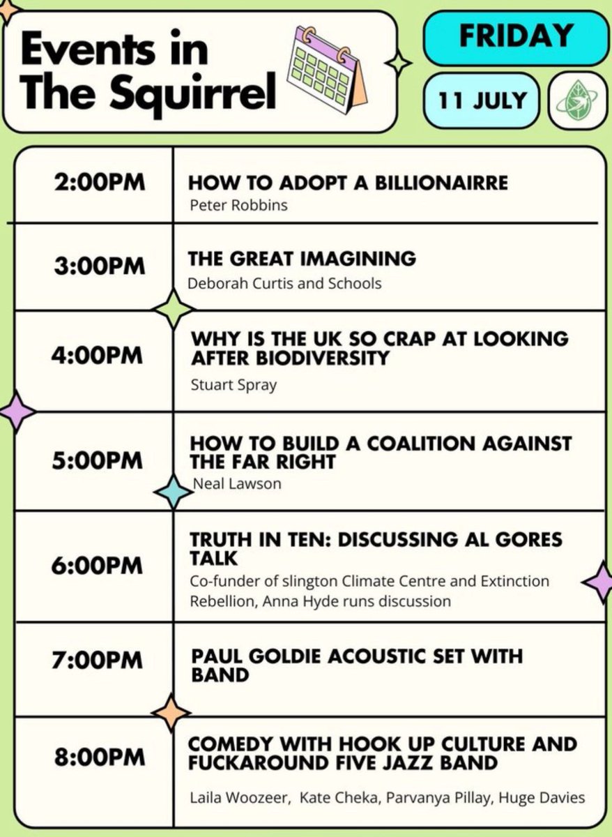 The Squirrel is an intimate talk stage at Byline Festival, Keele Uni 11-13/7

On Friday you start by adopting a billionaire to finding out why the UK is crap at looking after biodiversity 

Then while the evening away with Jazz &amp; comedy

Info &amp; tickets 

bylinefestival.com