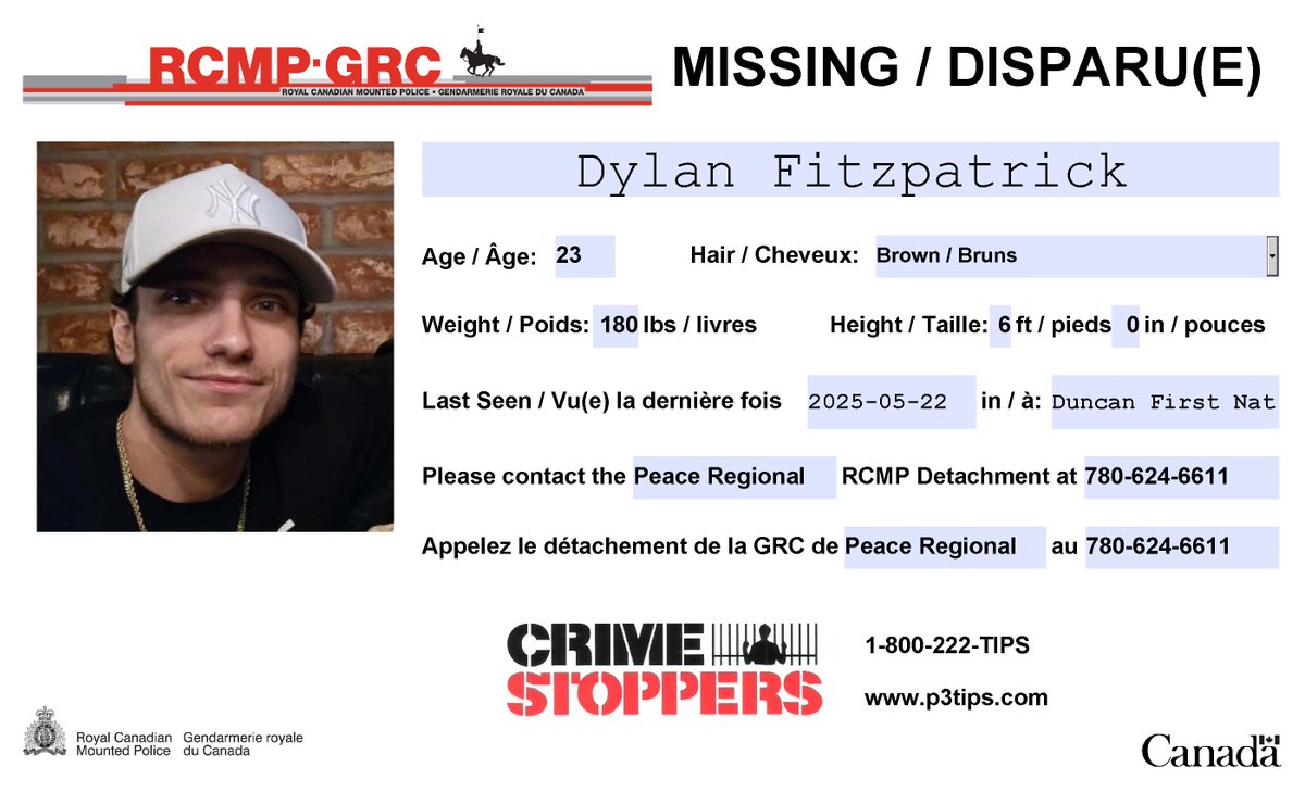 #Missing: Dylan Fitzpatrick, 23, #PeaceRiver. Possibly in #Edmonton.